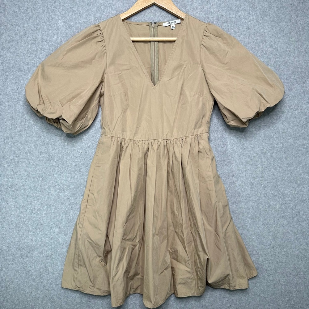 Madewell Tan Cotton Poplin Bubble Sleeve V-Neck Fit Flare Mini Dress‎ 00 NEW